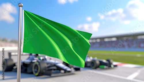 Green flag waving over race cars