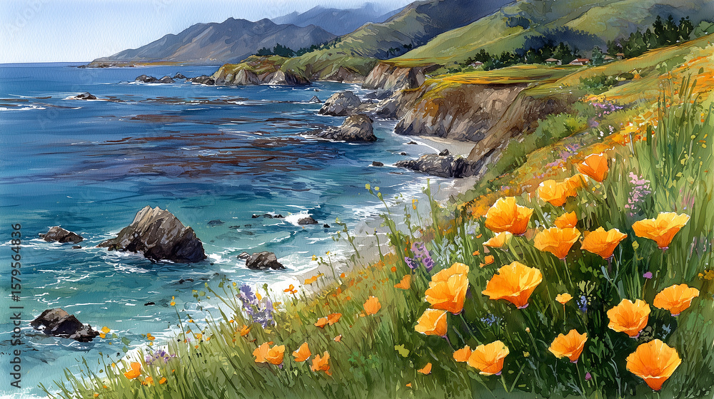 Fototapeta premium Malowniczy widok na skaliste wybrzeże oceanu z pomarańczowymi makami i dzikimi kwiatami na pierwszym planie. Spokojna i zachwycająca natura.