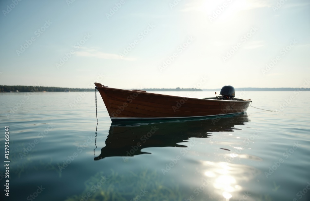 A solitary boat floats calmly on a tranquil body of water under a bright sky A solitary boat floats calmly on a tranquil body of water under a bright sky