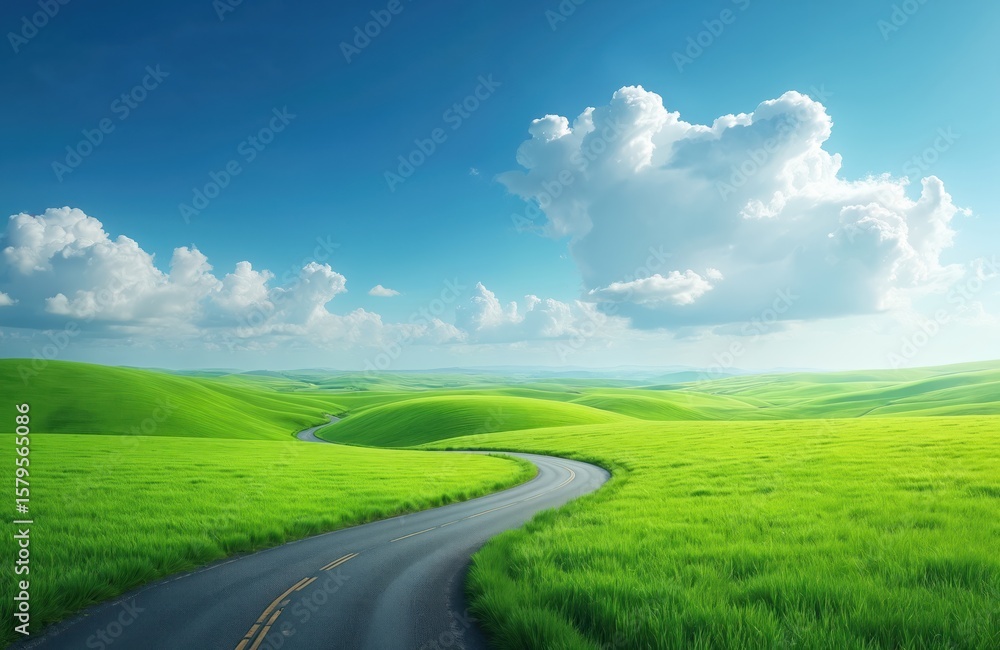 Fototapeta premium Winding asphalt road through vibrant green rolling hills under bright blue sky with fluffy clouds. Picturesque countryside scene evokes sense of journey, freedom, natural beauty. Perfect for travel,