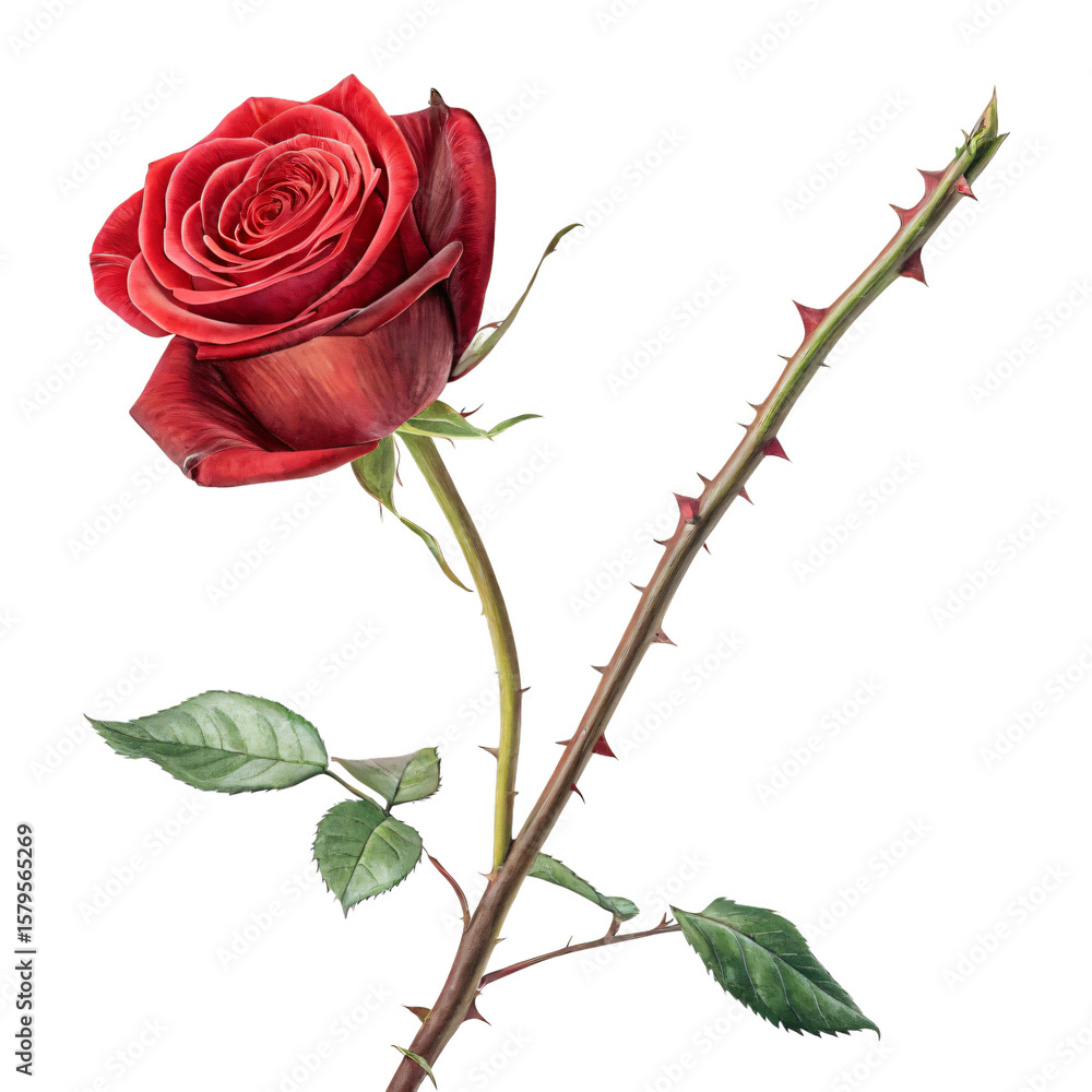 Fototapeta premium Single Red Rose Elegance and Thorns Isolated On Transparent Background