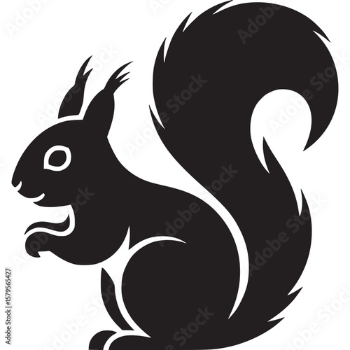 A black squirrel silhouette with a large bushy tail on a plain white background in side profile view on transparent background