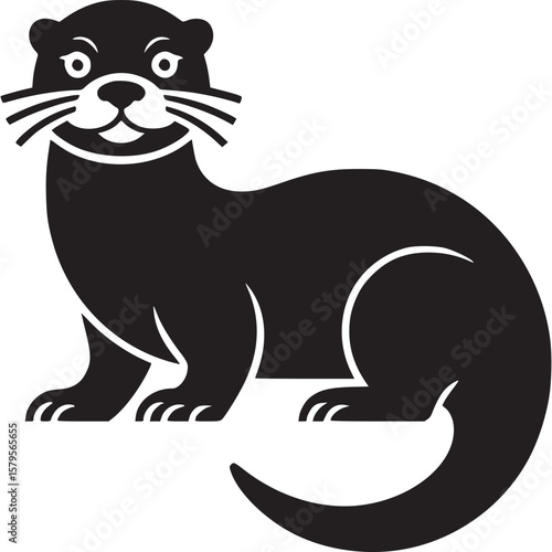 Illustration of a black otter with white eyes and whiskers on a white background in a cartoon style on transparent background