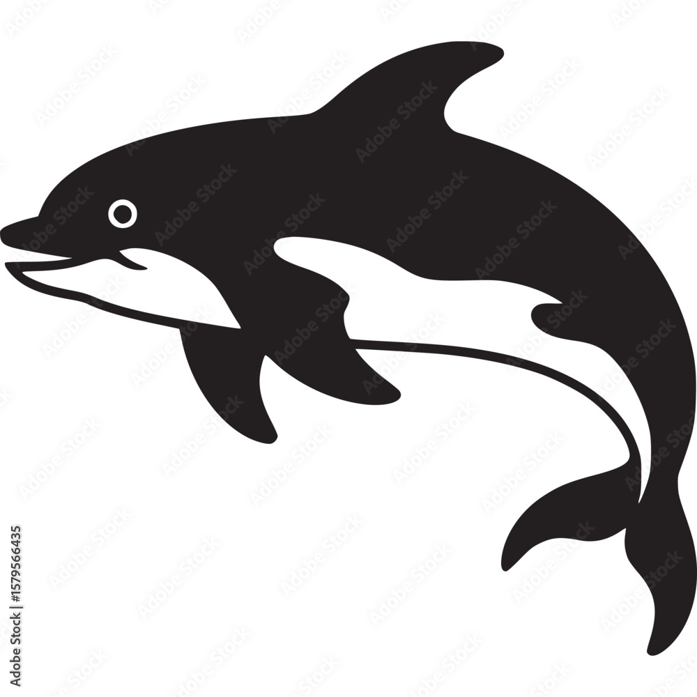 Fototapeta premium A black and white illustration of a dolphin leaping out of the water on a white background image art on transparent background