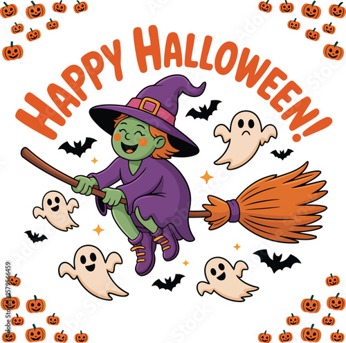 Happy Halloween Cartoon Witch Ghosts Bats Pumpkins Four Elements Illustration for Party Poster

