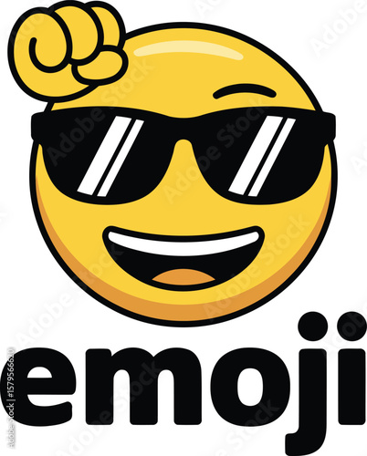 Cool emoji cartoon with sunglasses smiling face and raised hand gesture illustration for fun design

