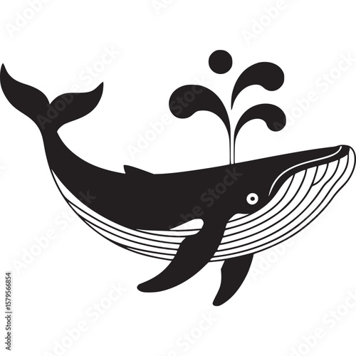 A black and white illustration of a whale spouting water with visible lines on its lower body side on transparent background