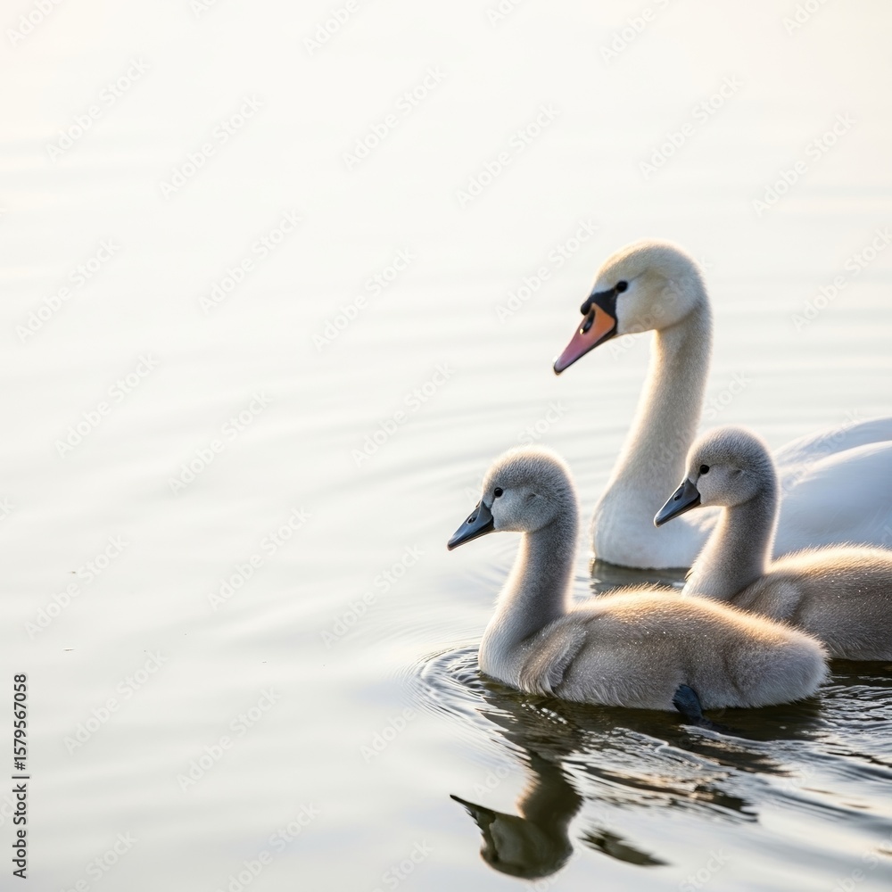 Adult swan swimming with two cygnets on calm water surface Adult swan swimming with two cygnets on calm water surface