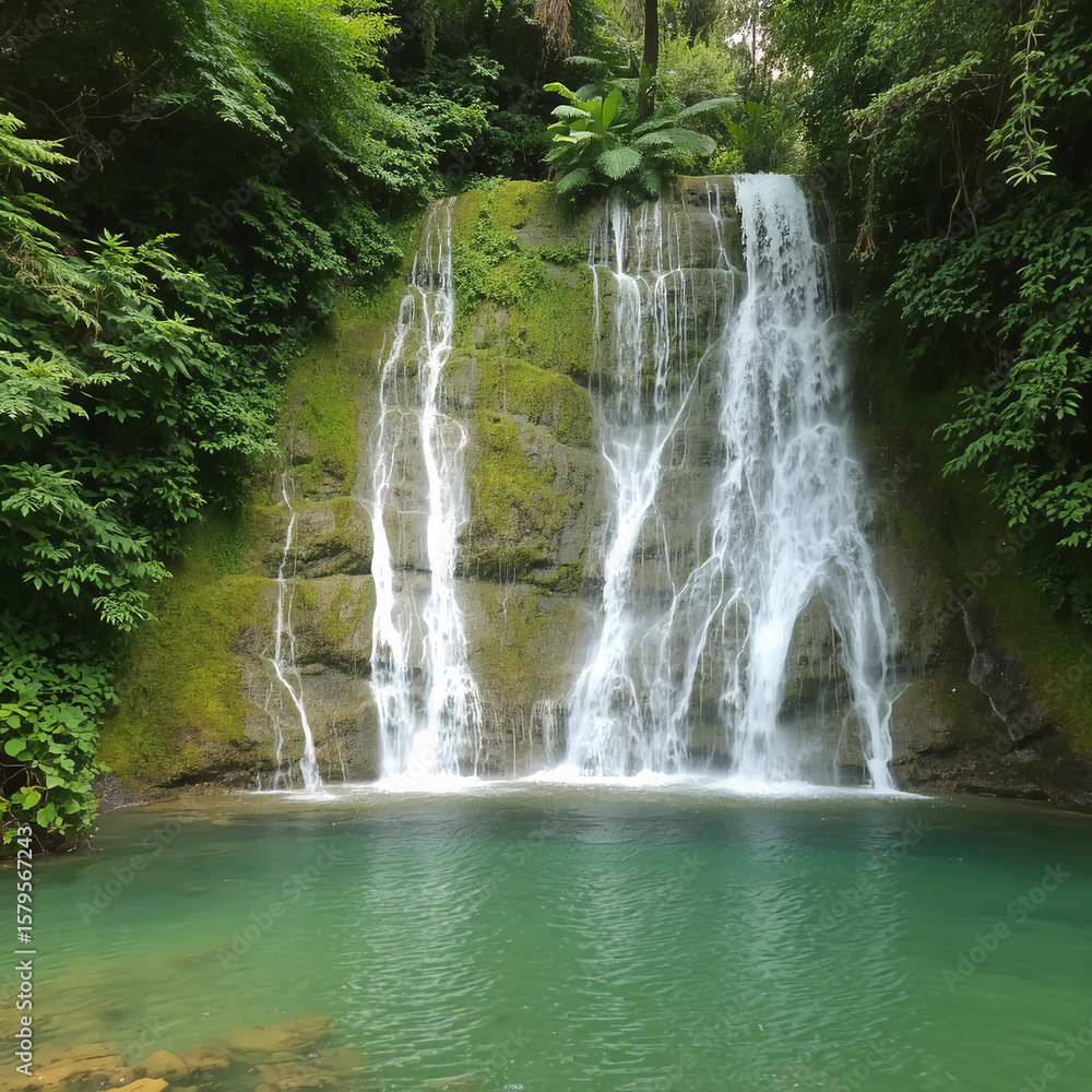 Fototapeta premium Beautiful waterfall cascading into a clear turquoise pool surrounded by lush green tropical forest scene