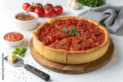 Deep Dish Pepperoni Pizza with Tomato Sauce and Herbs on Wooden Board

