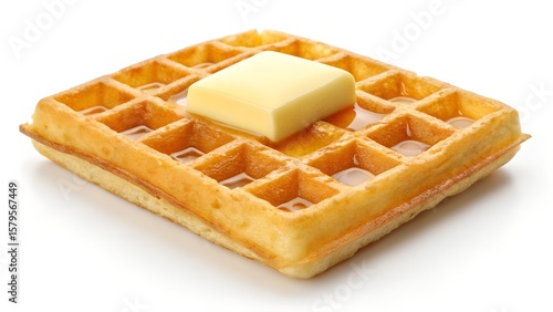 Golden Belgian Waffle Topped with Butter and Syrup on White Background

