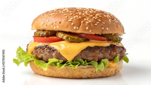 Cheeseburger with Lettuce Tomato Pickles and Sesame Seed Bun on White Background


