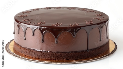 Chocolate Cake with Glossy Icing and Decorative Edges on White Background


