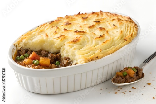 Hearty Shepherd’s Pie in White Dish with Golden Mashed Potato Topping and Savory Filling

