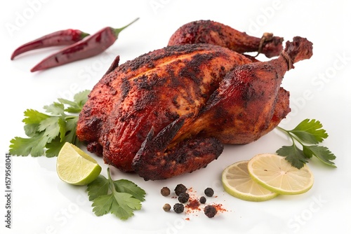 Succulent Roasted Chicken with Cilantro Garnish, Lime Slices, and Red Chilies

