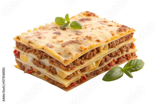 Mouthwatering Layered Beef Lasagna with Cheese and Basil on White Background

