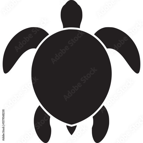A silhouette of a sea turtle with a rounded body and flippers on a white background in a simple design on transparent background