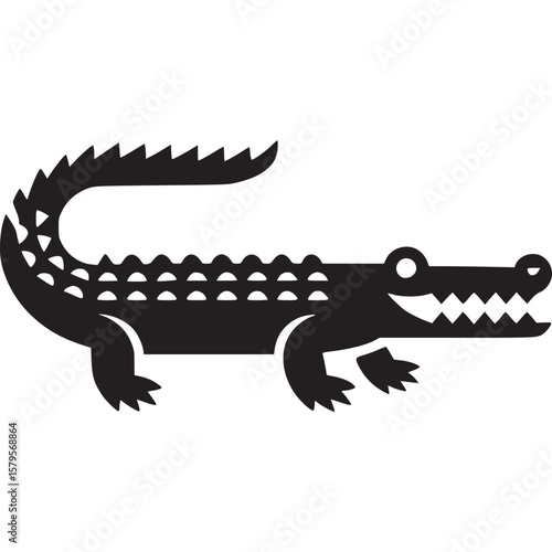 A stylized black alligator with a toothy grin and a textured back standing on a white background on transparent background