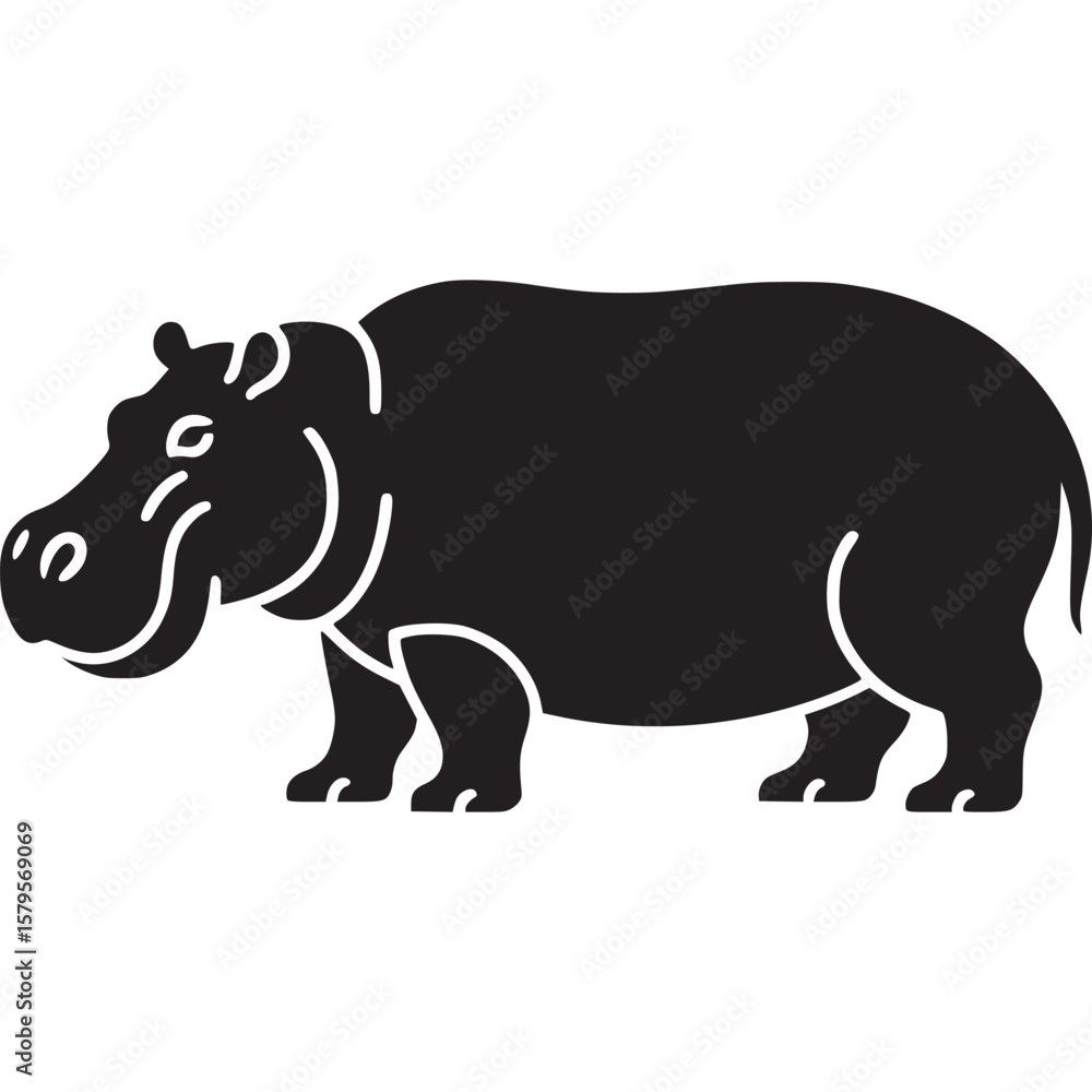 Fototapeta premium A minimalist black silhouette of a hippopotamus with white outline on a light background in profile view on transparent background