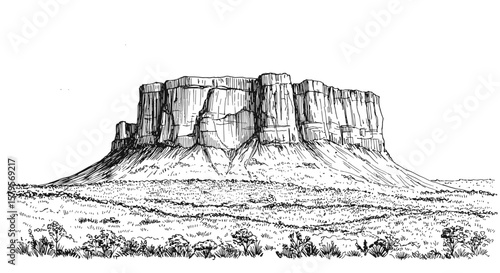 Vintage ink sketch of Tepui Mountains in South America - hand drawn black and white vector illustration engraving svg