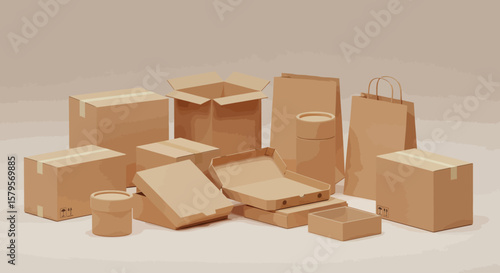 Realistic 3D Brown Cardboard Packaging Collection