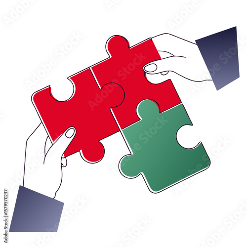 Hands connecting puzzle pieces in a simple and modern design