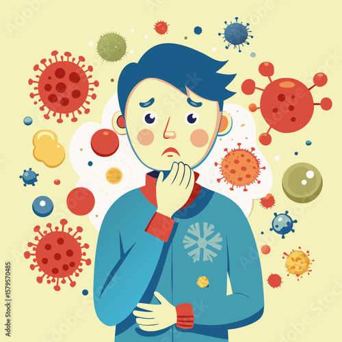 Young person experiencing mold allergy symptoms surrounded by colorful germs and microbes