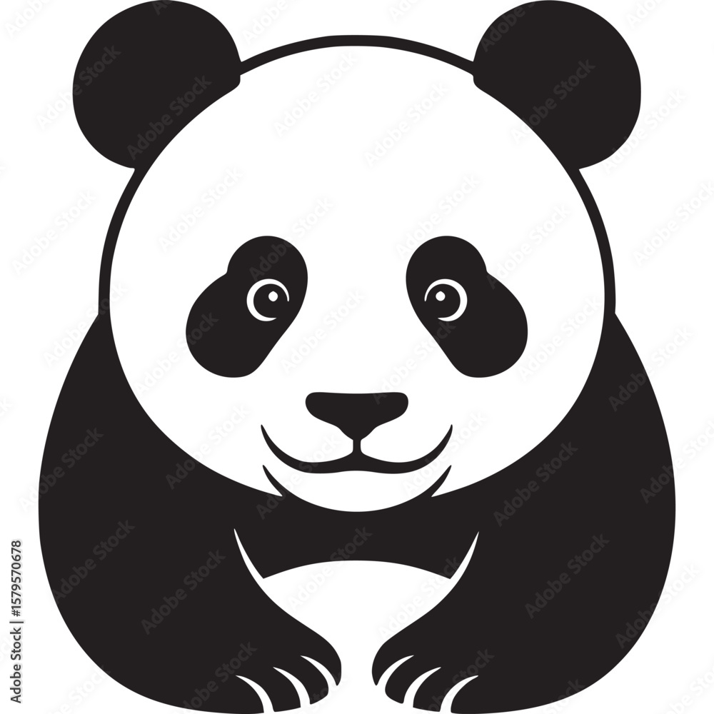 Fototapeta premium Illustration of a panda bear with a white face and black ears and body sitting and smiling on white background on transparent background