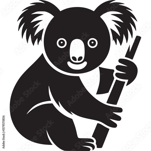 Stylized black and white koala bear holding a bamboo stick with fluffy ears and a smiling face icon on transparent background