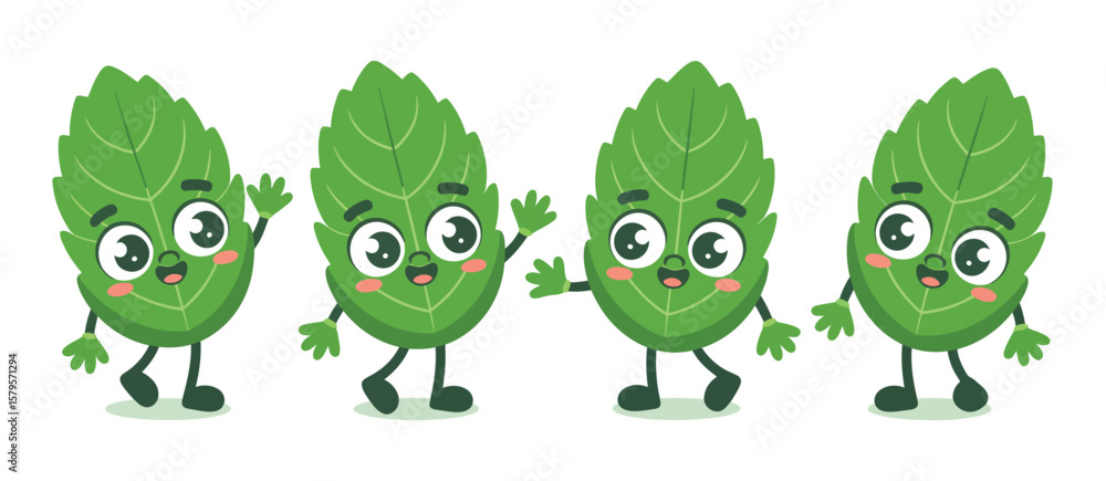 Obraz premium Cute Cartoon Mint Leaves Characters Set