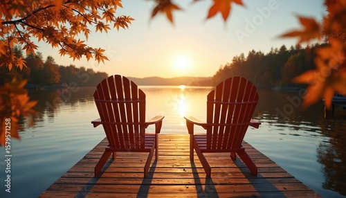 Fototapeta Naklejka Na Ścianę i Meble -  Two red Adirondack chairs sit on wooden dock facing calm lake at sunrise. Long shadows stretch across pier. Autumn leaves frame serene morning light over Muskoka, Ontario, Canada. Offers peaceful