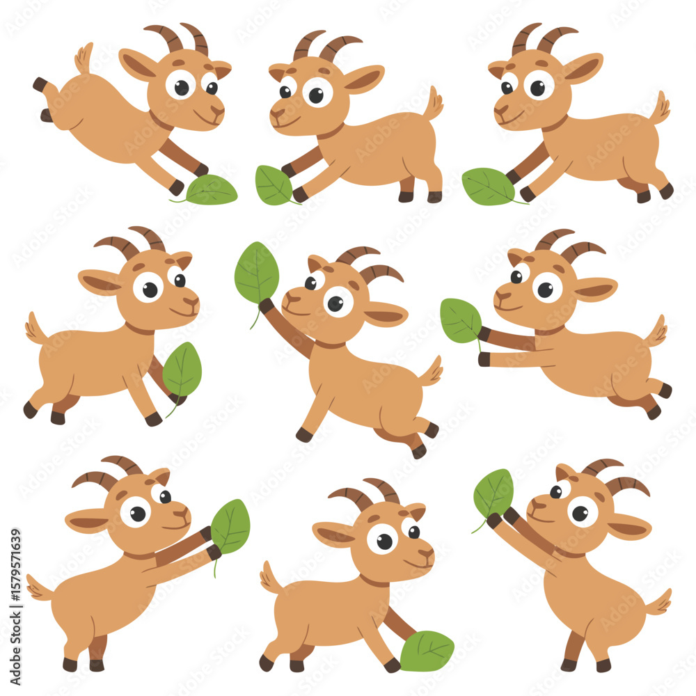 Fototapeta premium Cute cartoon goats in various playful poses holding green leaves