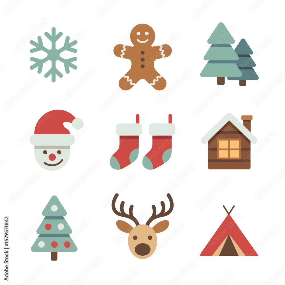 Fototapeta premium Collection of flat design christmas icons including snowflake gingerbread man and santa