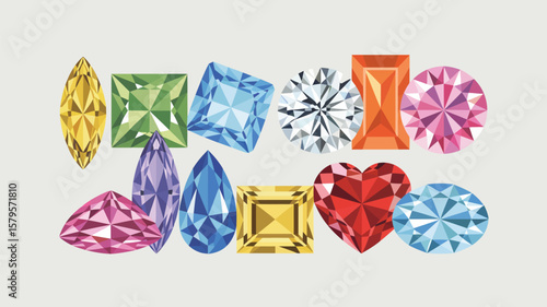 Collection of colorful faceted gemstones in various cuts and shapes on a light background