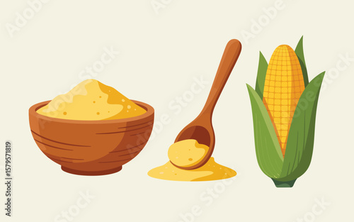 Corn kernels in a bowl and on a spoon with a whole ear of corn