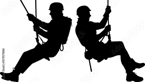 Silhouette of two people rappelling side-by-side, shown in full-body view against a white backdrop. Each person is wearing helmets and climbing gear, with ropes clearly visible. The composition convey