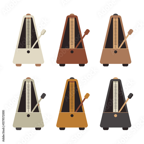 Collection of six different colored metronomes on a white background
