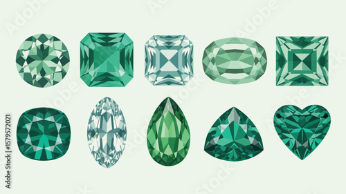 Collection of ten assorted green gemstones cut in various shapes and styles