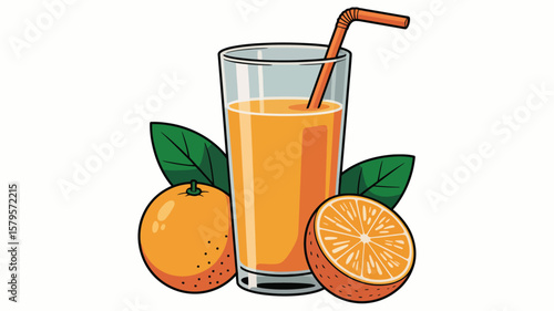 Refreshing glass of orange juice with whole and sliced oranges and green leaves
