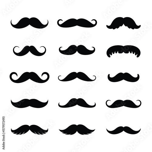 Collection of twelve different black mustache styles on a white background