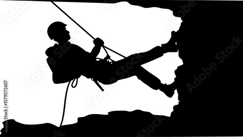 A simplified silhouette of a caver or spelunker rappelling into a cave opening, viewed from a side angle. Rope, helmet, and safety harness are visible as part of the design.

