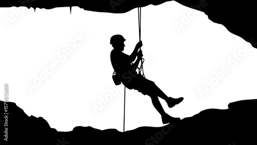 A simplified silhouette of a caver or spelunker rappelling into a cave opening, viewed from a side angle. Rope, helmet, and safety harness are visible as part of the design.

