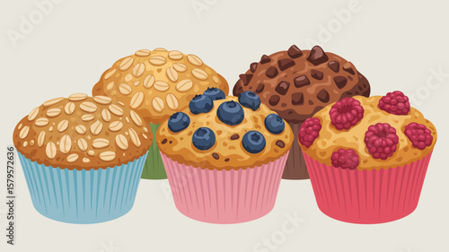 Assortment of delicious muffins featuring oats blueberries and raspberries