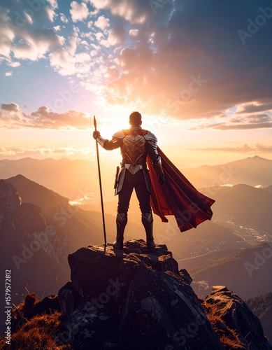 A majestic heroic figure standing tall on a mountain peak at sunrise, cape billowing in the wind.