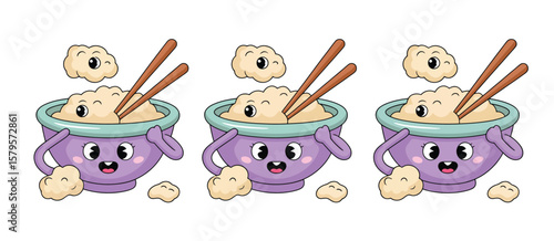 Three cute kawaii rice bowls with chopsticks and happy faces
