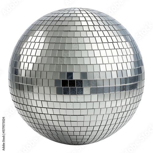 Shiny silver disco ball isolated on a transparent background, featuring hundreds of small square mirror tiles reflecting light. This classic party decoration evokes celebration, music