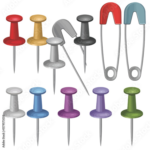 Collection of Colorful Push Pins and Safety Pins