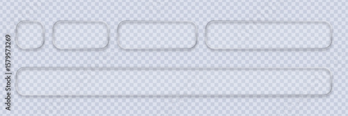 Set of liquid glass frames on abstract background. Transparent geometric elements with rounded corners for user interface design.