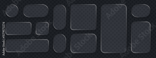 Set of liquid glass vector elements. Blank translucent buttons and frames in various shapes. User interface design concept.