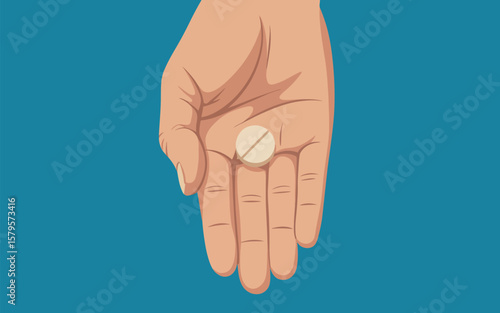 Human hand holding a single white pill with a dividing line on a blue background